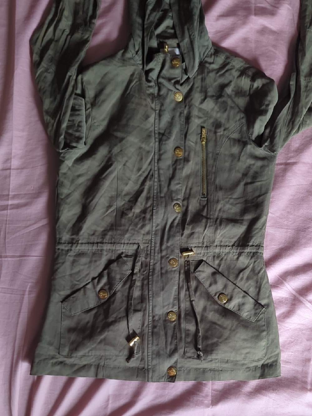 Guess Olive Utility Hooded Jacket with Gold-Tone Hardware